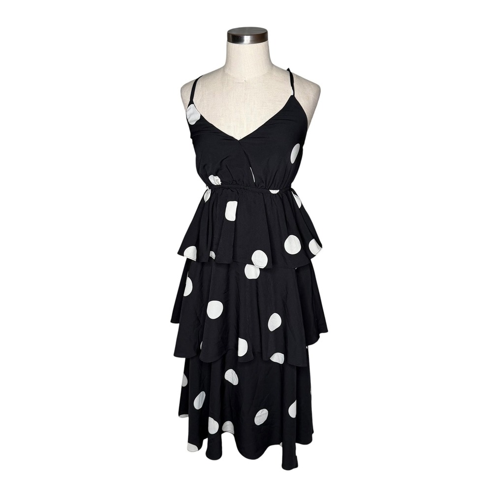 OPT o.p.t Cava Polka Dot Tiered Ruffle Midi Dress Black Women's Size Medium NEW